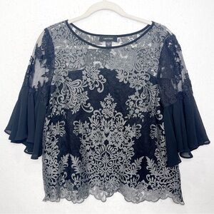 Karen Kane Women’s Black Mesh Embroidered Lace Top Size Large Goth Witchy